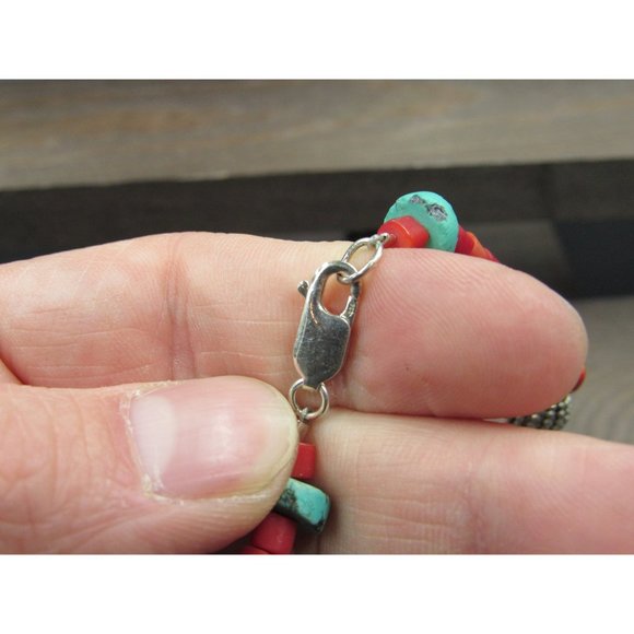 8 Inch Sterling Silver Red Shell And Turquoise Stones Bracelet - Picture 4 of 6